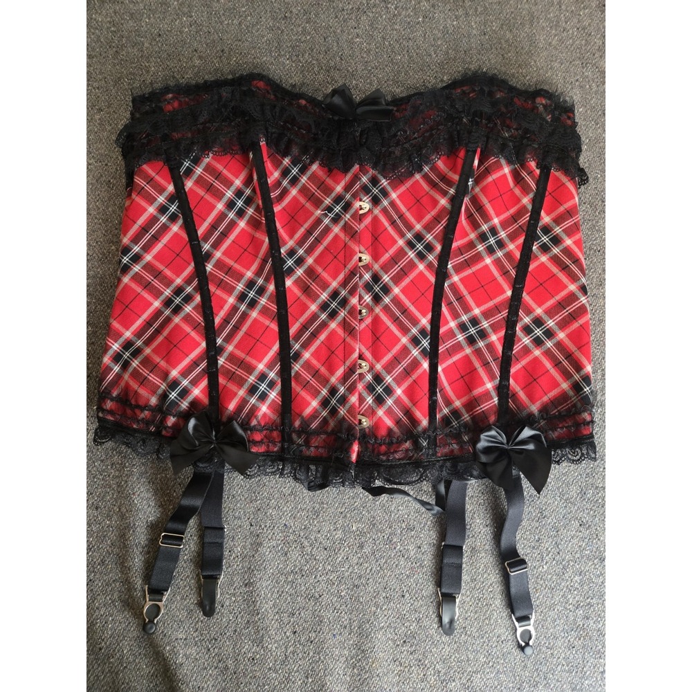 Hips And Curves Plus Tartan Plaid Lace Up Corset Size 4x Ribbed Red Lingere